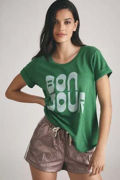 Sundry Rolled-sleeve Bonjour Graphic Tee In Green