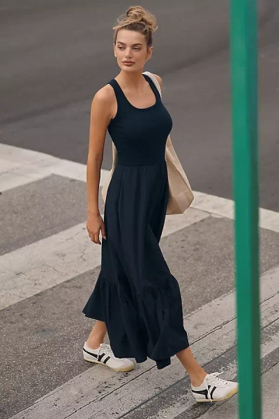Sundry Sleeveless Tiered Mixed Media Maxi Dress In Blue