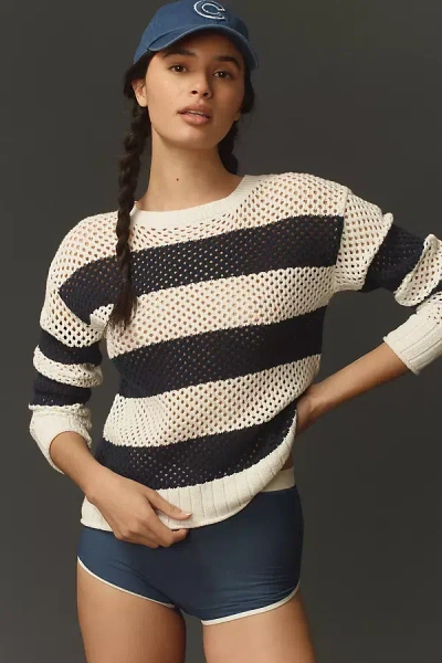 Sundry Stripe Mesh-knit Crew-neck Sweater In Blue