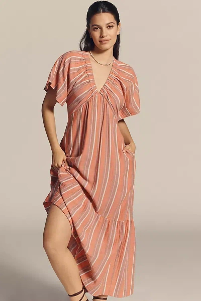 Sundry Striped Gauze V-neck Midi Dress