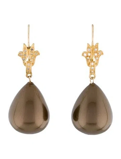 Pre-owned Suneera 18k Faux Pearl & Diamond Drop Earrings In Brown