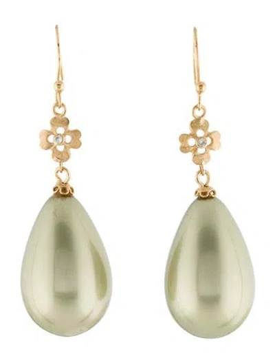 Pre-owned Suneera 18k Faux Pearl & Diamond Drop Earrings In Green