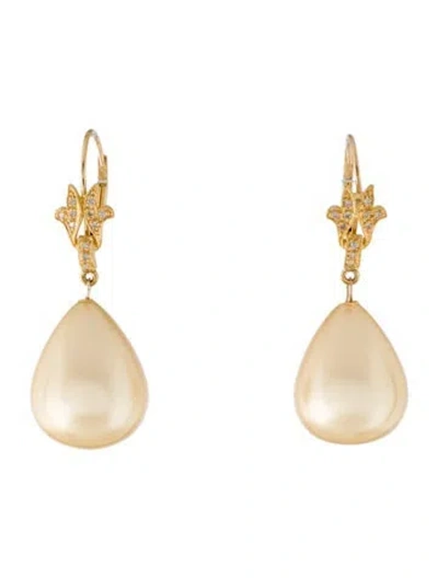 Pre-owned Suneera 18k Faux Pearl & Diamond Drop Earrings In Multi