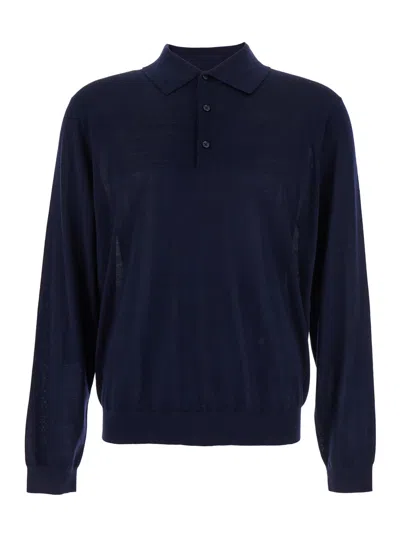 Sunflower Blue Polo Shirt With Classic Collar And Ribbed Trims In Wool Man