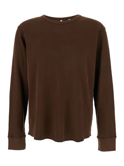 Sunflower Brown Crewneck T-shirt With Long Sleeves And Fringed Hem In Cotton Man