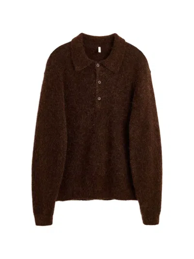 Sunflower Button Collared Polo Top In Brown