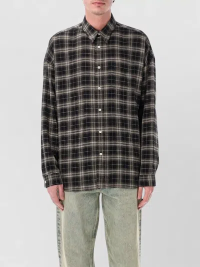 Sunflower Check Shirt Chest Pocket Curved Hem In Black