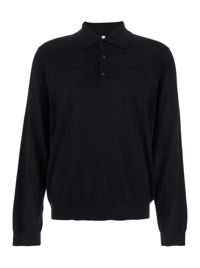 Sunflower Classic Wool Polo Shirt With Long Sleeves, Button Front & Ribbed Trims In Blue