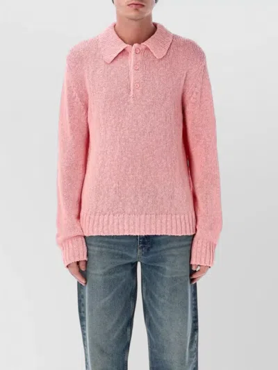 Sunflower Cotton Linen Knit Long Sleeve Polo In Pink