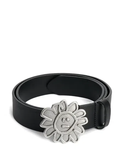 Sunflower Flower-buckle Leather Belt In Black