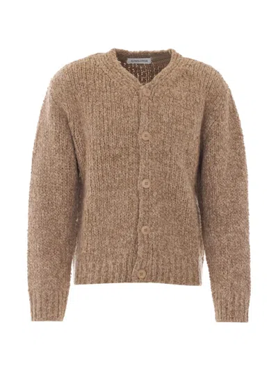 Sunflower V-neck Cardigan In Wool And Alpaca Blend With Ribbed Trims In Brown