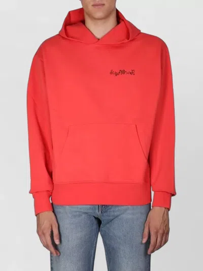Sunflower Logo Embroidery Hooded Sweatshirt Front Pocket In Red