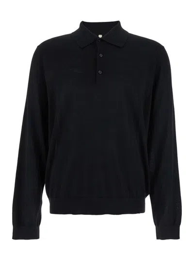 SUNFLOWER BLACK POLO SHIRT WITH CLASSIC COLLAR AND RIBBED TRIMS IN WOOL MAN