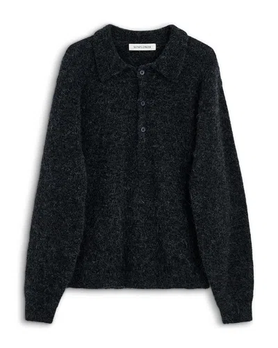 Sunflower Mixed Yarn Knit Polo Sweater In Black