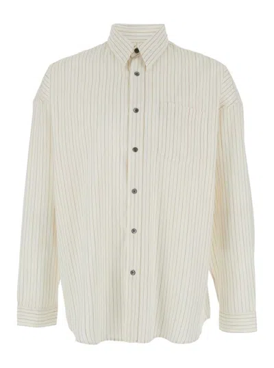 SUNFLOWER 'STABLE' WHITE SHIRT WITH CLASSIC COLLAR AND ALL-OVER STRIPED MOTIF IN LINEN BLEND MAN