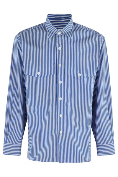 Sunflower Striped Cotton Oversized Shirt With Flap Pockets In Blue