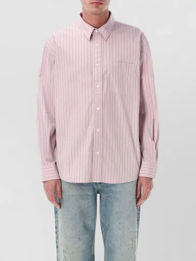 Sunflower Striped Shirt Chest Pocket Curved Hemline In Pink