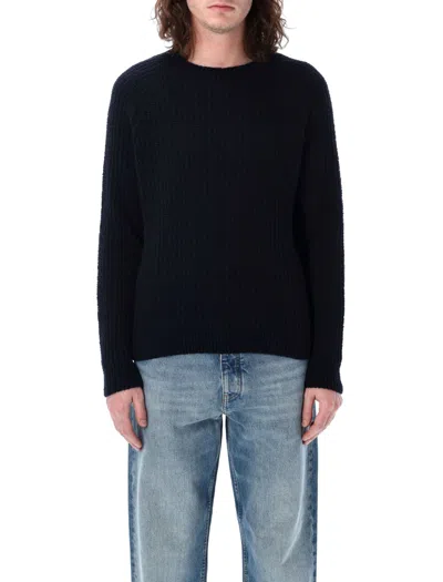 Sunflower Textured Knit Navy Sweater With Crew Neck And Dropped Shoulders In Black