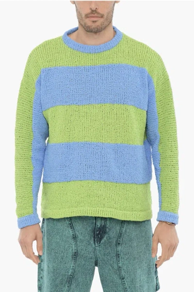Sunnei Awning Striped Two-tone Crew-neck Sweater In Green