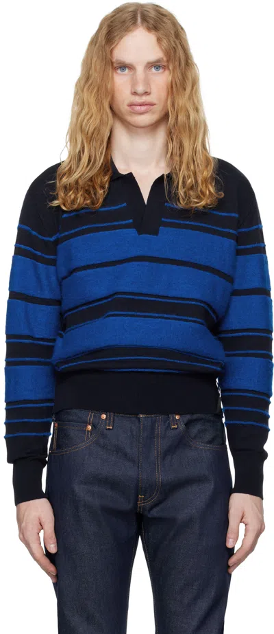 Sunnei Blue Striped Knit Long Sleeve Polo In Black