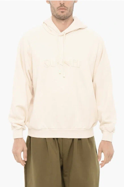 Sunnei Logo Print Cotton Fleece Hoodie In Beige