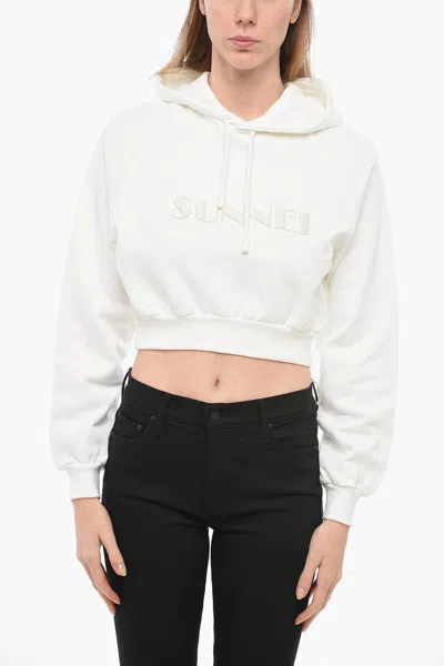Sunnei Cropped Fit Hoodie With Embroidered Logo In White