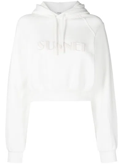 Sunnei Cropped Fit Hoodie With Embroidered Logo In White