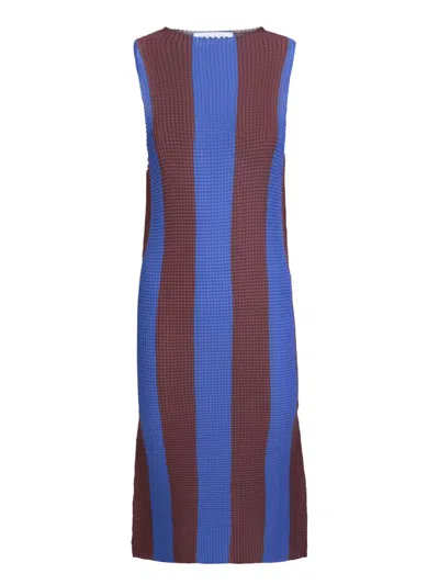 Sunnei Pleated Striped Midi Dress In Blue