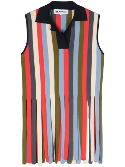 Sunnei Fringed-edge Striped Polo Shirt In Blue