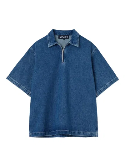 Sunnei Half-zip Denim Polo Shirt In Blue
