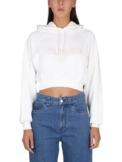 Sunnei Cropped Hoodie With Drawstring In White
