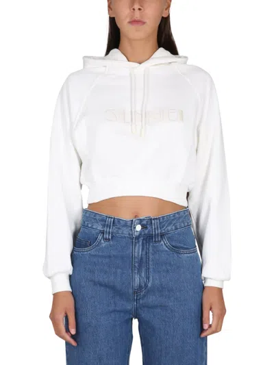 Sunnei Cropped Fit Hoodie With Embroidered Logo In White