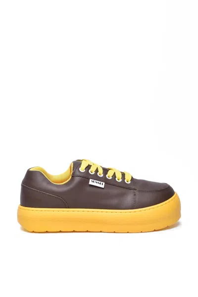 Sunnei Leather Sneakers - Brown/yellow In Gray