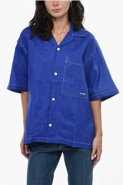 Sunnei Linen Shirt With Breast Pocket In Blue