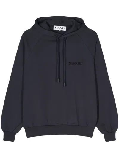 Sunnei Logo-embroidered Cotton Hoodie In Blue
