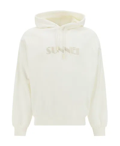 Sunnei Logo Embroidered Drawstring Hoodie In White