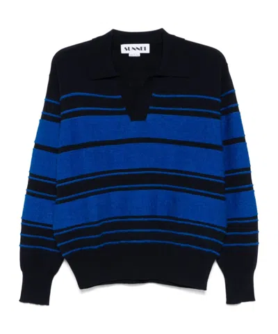 Sunnei Blue Striped Knit Long Sleeve Polo In Black