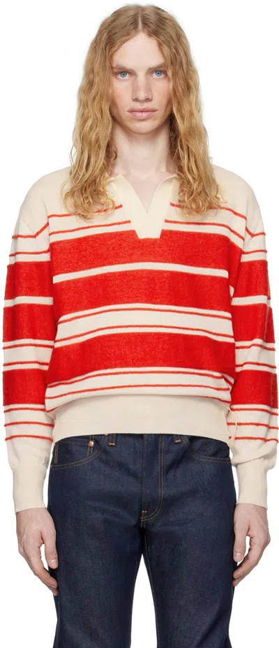 Sunnei Off-white & Red Striped Knit Long Sleeve Polo In 8120 Offwhite/acid R