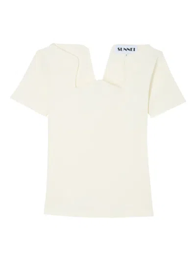 Sunnei Ribbed V-neck T-shirt In Neutral