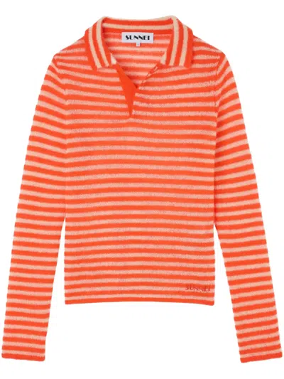 Sunnei Striped Polo Sweater In Orange