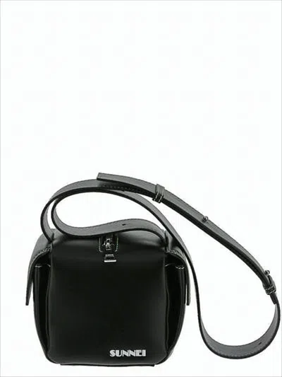 Sunnei Structured Black Leather Crossbody Bag In White