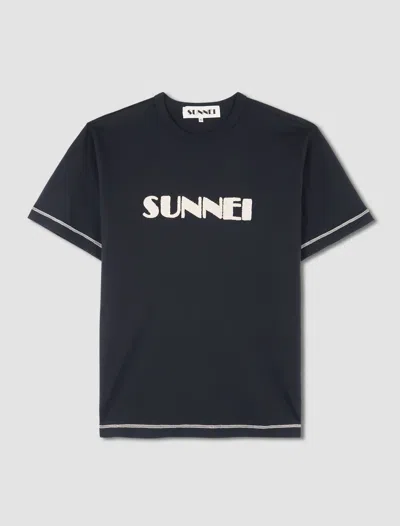 Sunnei Flocked Logo T-shirt In Blu ,off White