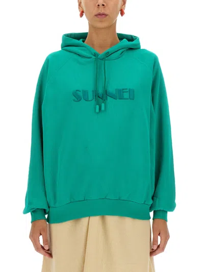 Sunnei Unisex Logo Hoodie With Drawstring In Green