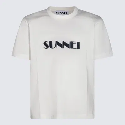 Sunnei White Cotton T-shirt In Off White/dark Navy
