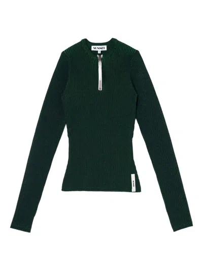 Sunnei Zip-detail Round-neck Sweater In Green