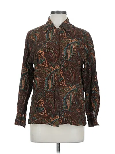 Pre-owned Sunny Leigh Long Sleeve Silk Top Brown Paisley Pattern Mock Neckline Tops