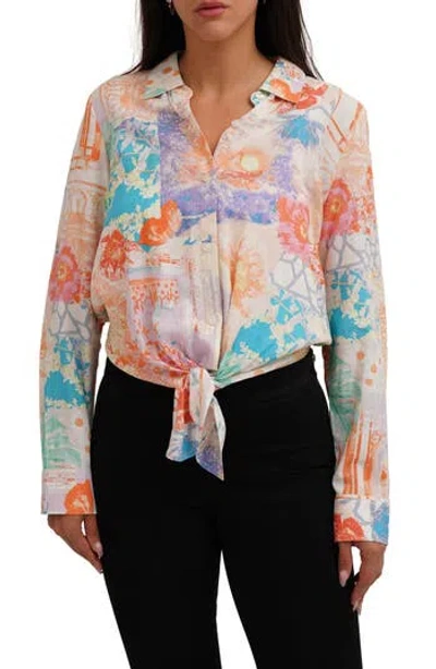 Sunny Leigh Long Sleeve Tie Front Button-up Shirt In Multi