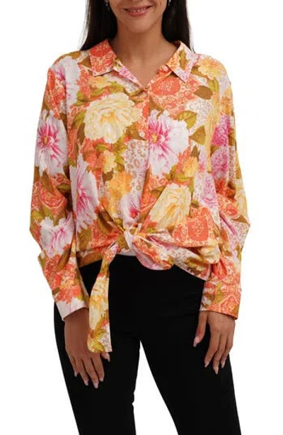 Sunny Leigh Long Sleeve Tie Front Button-up Shirt In Multi