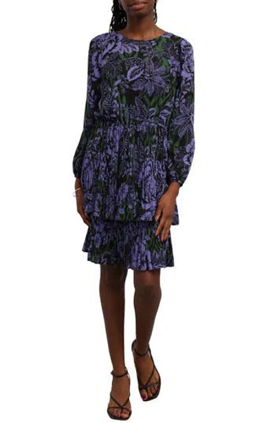 Sunny Leigh Pleated Tiered Tie Belt Long Sleeve Dress In Blue
