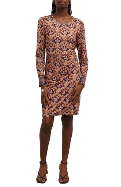 Sunny Leigh Printed A-line Long Sleeve Dress In Brown